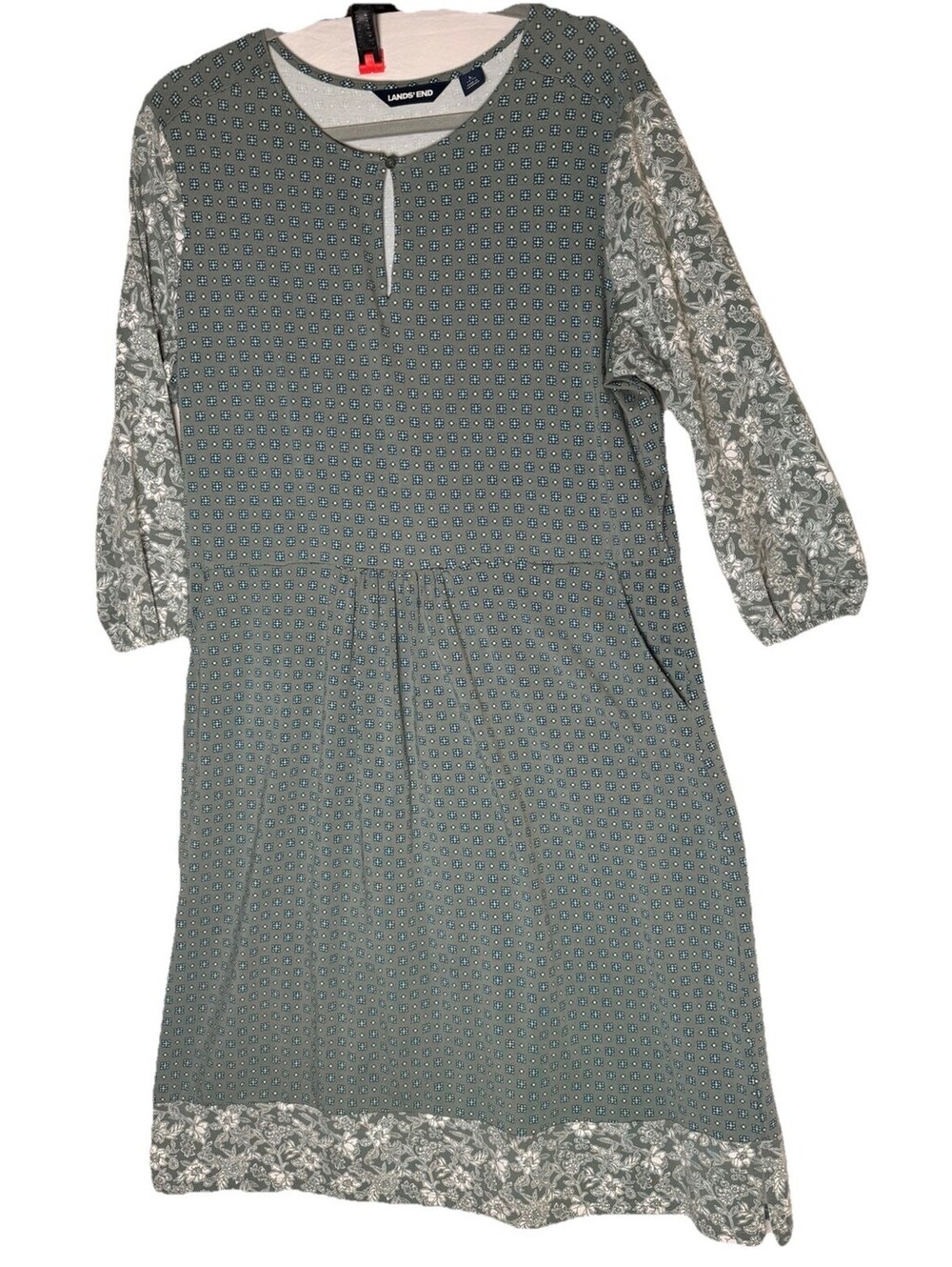 Lands' End Print Dress Large 3/4 Sleeve Pockets Casual Cottagecore Floral Green